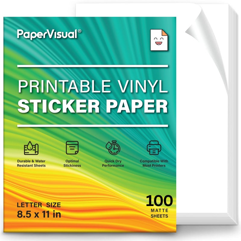 PAPERVISUAL Premium Printable Vinyl Sticker Paper for Inkjet and Laser Printer - 100 White Matte Sticker Paper Waterproof - Excellent Adhesion Paper 8.5 x 11, Fast Dry, Holds Ink Well, Great for Cutting Machines - Image 2